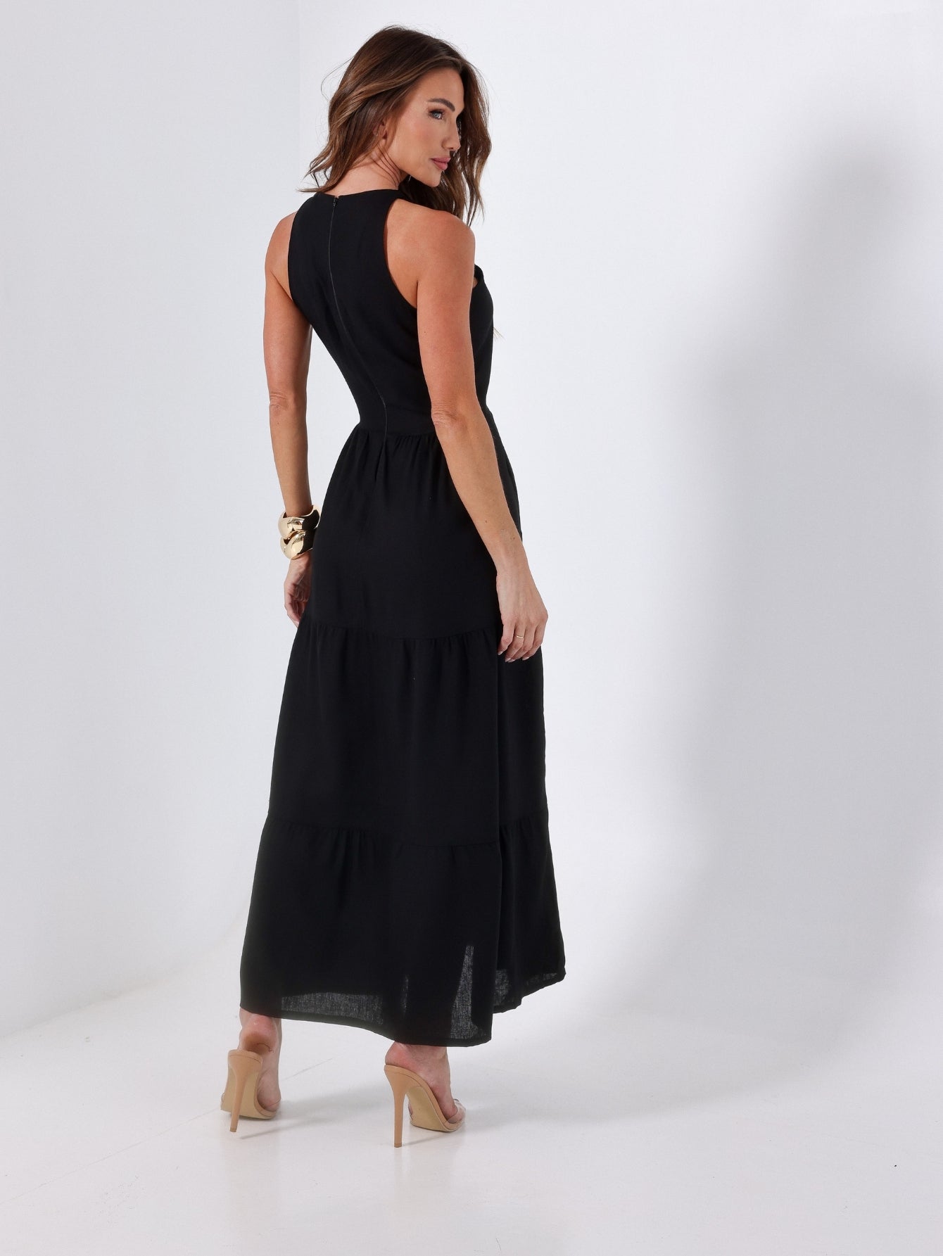 Vestido Longo Alfaiataria Sem Manga Zíper nas Costas Flora