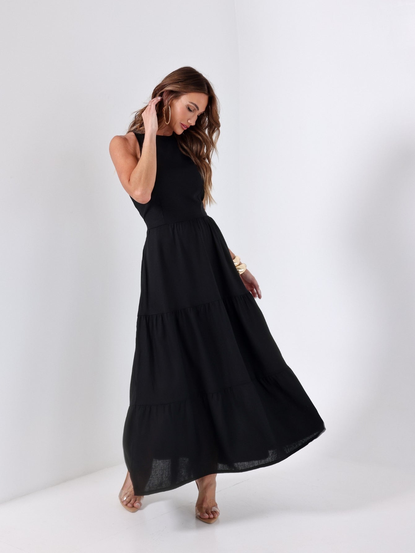 Vestido Longo Alfaiataria Sem Manga Zíper nas Costas Flora