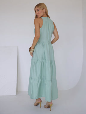 Vestido Longo Alfaiataria Sem Manga Zíper nas Costas Flora