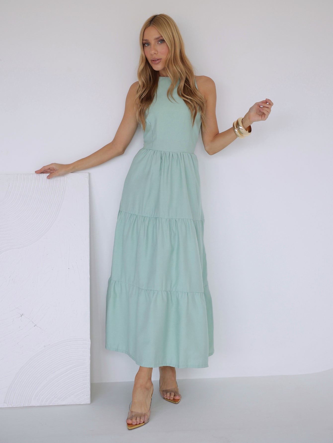 Vestido Longo Alfaiataria Sem Manga Zíper nas Costas Flora