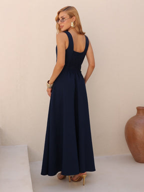 Vestido Longo Alfaiataria Decote Quadrado e Bolsos Yanca