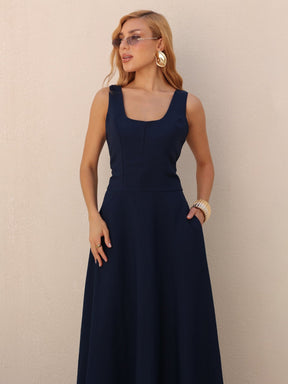 Vestido Longo Alfaiataria Decote Quadrado e Bolsos Yanca