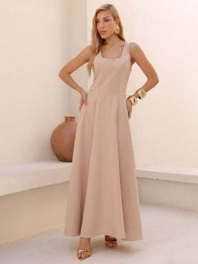 Vestido Longo Alfaiataria Decote Quadrado e Bolsos Yanca