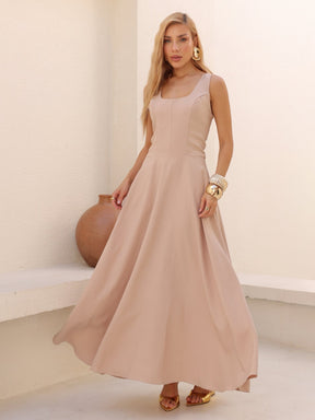 Vestido Longo Alfaiataria Decote Quadrado e Bolsos Yanca